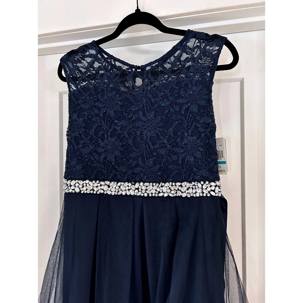 NEW Speechless Girls Navy Blue Lace Tulle Formal‎ Dress Rhinestone Belt 16.5